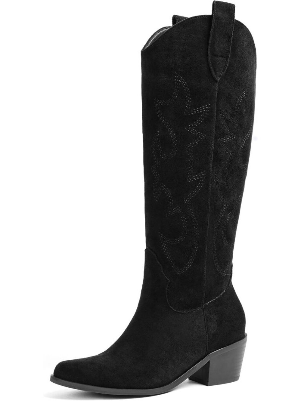 Women's Black Pull-On Western Chunky Cowboy Cowgirl Knee High Boots